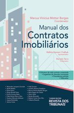 Capa do “Manual dos Contratos Imobiliários”, com fundo geométrico de prédios, título e nome dos envolvidos na obra coletiva.