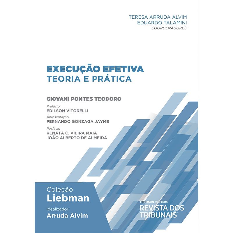 Capa de “Execução Efetiva - Coleção Liebman”, com fundo branco, formas geométricas na cor azul, título e nomes dos envolvidos.