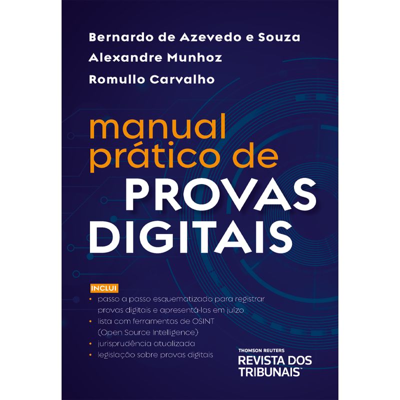 Capa do “Manual Prático de Provas Digitais”, com fundo azul marinho, título, nomes dos autores e principais temas abordados.