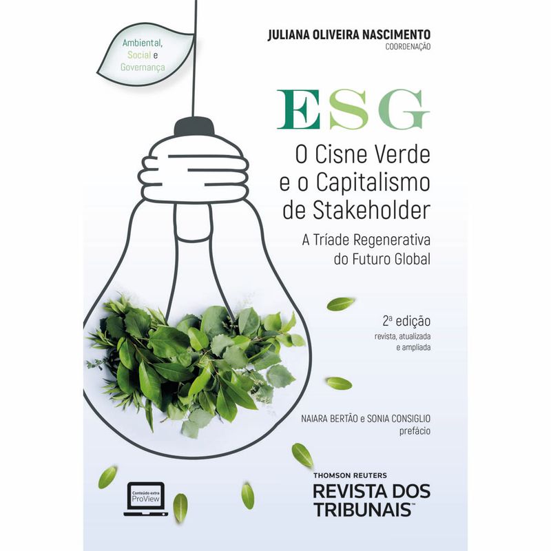 Livro com fundo branco, lâmpada com folhas, título “ESG” em verde, e “O Cisne e o Capitalismo de Stakeholder” em preto, além do nome das autoras.